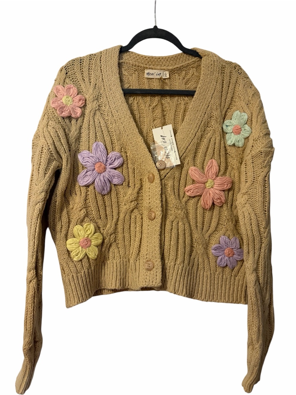 New In Cable-Knit V-Neck Cardigan with Floral Appliqués - Tan